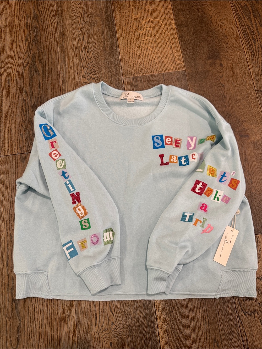 Vintage Havana Light Blue Graphic Sweatshirt - Multicolor Patch Letters Size L